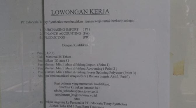 LOWONGAN  PT.INDONESIA TORAY SYNTHETICS (ITS)