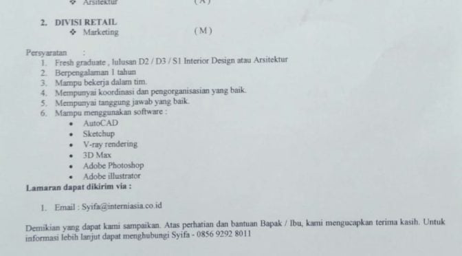 Lowongan Kerja Arsitektur PT.Interni Asia