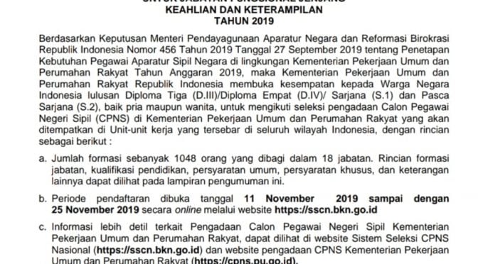 Lowongan Penerimaan CPNS KEMENTERIAN PEKERJAAN UMUM DAN PERUMAHAN RAKYAT REPUBLIK INDONESI 2019