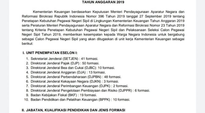 Lowongan Penerimaan CPNS Kementerian Keuangan Republik Indonesia 2019