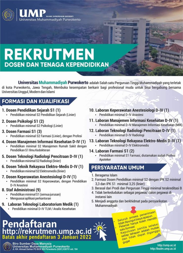 REKRUTMEN Dosen Dan Tenaga Kependidikan ( Univ. Muhammadiyah Purwokerto ...